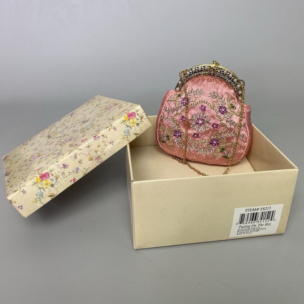 Vintage Putting On The Ritz Mini Purse Pink Embroidered Jeweled Chain FS213 Box